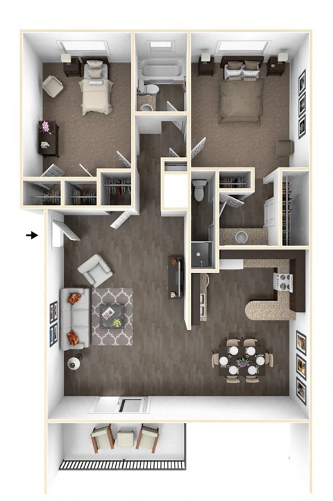 Floor plan for 2 beds, 2 baths, 980 sqft